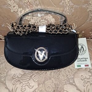 Valentino Orlandi Patent Leather Style Black Crossbody Clutch V Rhinestones NWT